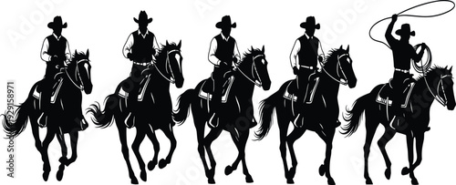 Cowboy Riding Horse Silhouette Vector Set with Western Rodeo Rider Using Lasso for Wild West, Ranch, Country, and Equestrian Design Projects.
