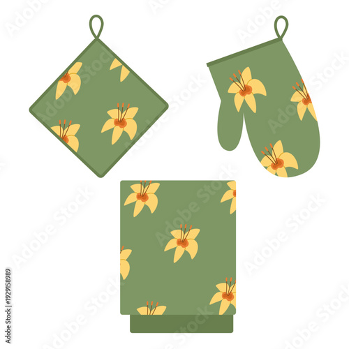 Set of kitchen potholders and towels with a bright spring print. Vector illustration.