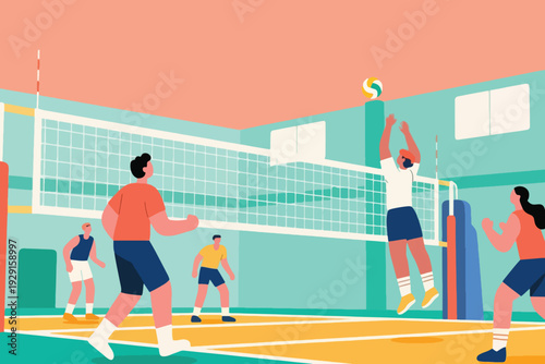 Cartoon illustration of indoor volleyball game, six players on colorful court near net, dynamic action with ball in play, bright gymnasium background emphasizing teamwork and athletic energy.
