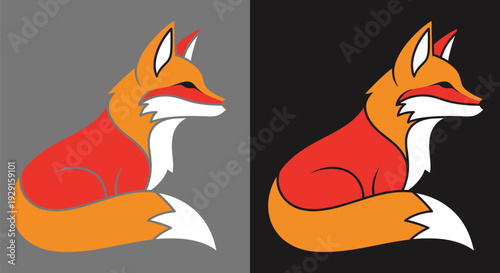 A colorful cartoon fox with vibrant orange and red fur sits calmly in two different backgrounds.