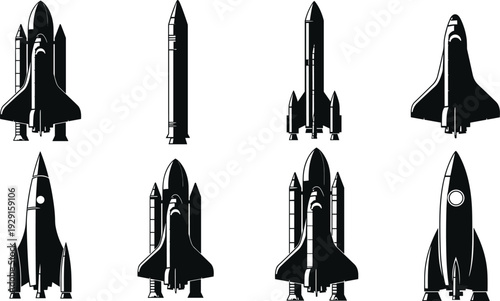 Set of rocket silhouettes including space shuttles, spacecraft launch vehicles, missiles, and booster rockets for science, exploration, and technology projects.