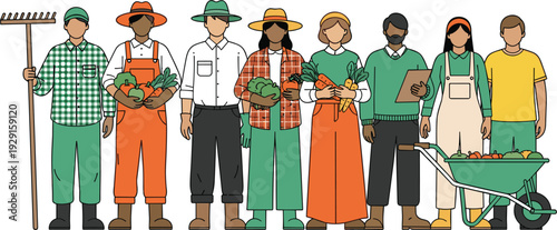 Diverse Farmers and Agricultural Workers Vector Illustration Set with Tools Baskets Wheelbarrow and Harvest Produce for Organic Farming Community and Food Production