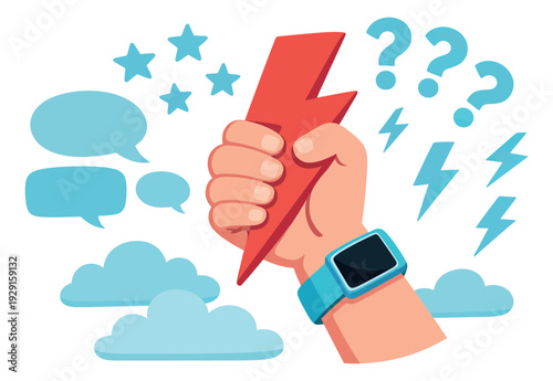 Modern illustration of a hand wearing a smartwatch holding a lightning bolt depicting power, ideas, and communication for business and problem-solving concepts