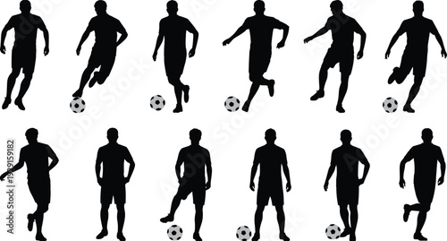 Soccer player silhouette collection isolated on white background, football athlete dribbling poses vector illustration set
