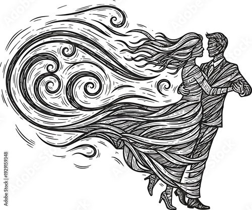 Wind swirl shaping into dancing couple detailed carved vintage printmaking vector illustration