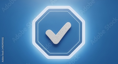Wallpaper Mural White check mark inside blue octagon with soft glowing edges; 3D rendering symbol Torontodigital.ca
