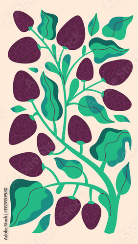 Abstract branch of green leaves and berries. Plant with fruits and crooked shape. Garden nature. Colored decorative element with summer flora and botany. Floral decoration. Flat vector illustration