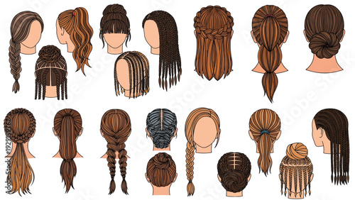 Creative design collection of woman hair styles on mannequin head showcasing braided patterns elegant up dos and modern salon trends.