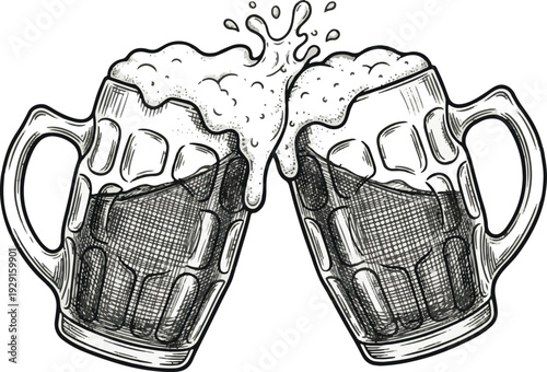 Hand Drawn Vintage Dark Beer Mugs Clinking Toast Vector Illustration, Retro Crosshatch Style Clinking Beer Steins with Splash Isolated Cutout