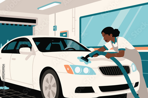 Cartoon illustration of worker cleaning hood of white car with vacuum or polishing tool inside bright garage, professional detailing scene highlighting automotive care and maintenance.