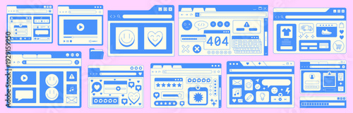 Cool UI Elements Cute Set. Browser Window Groovy Collection. Vaporwave Computer Web User Interface. Y2k Website.