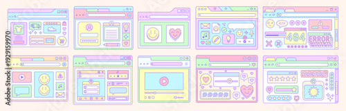 Cool UI Elements Cute Set. Browser Window Groovy Collection. Vaporwave Computer Web User Interface. Y2k Website.