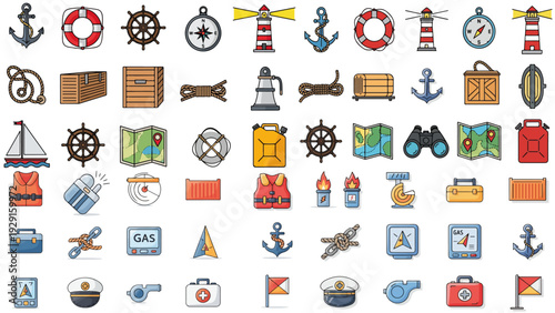 Nautical vector icon collection featuring ship tools, anchor, lighthouse and marine equipment for maritime navigation and ocean adventure design set.