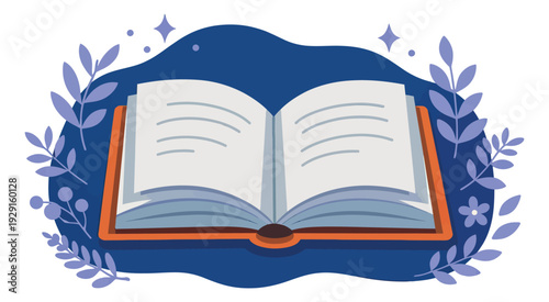 Modern flat illustration of an open book depicting magical leaves and sparkles for education and knowledge