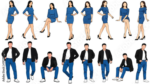 Modern fashion collection featuring different style poses of confident woman and men in coordinated outfits isolated on white background.