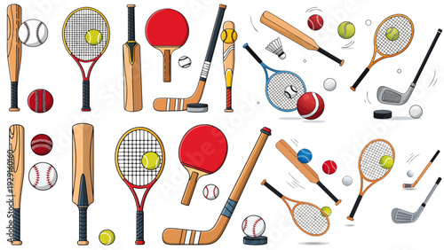 Colorful sport equipment collection featuring bat and ball items with racket hockey stick golf club illustration background pattern active lifestyle.