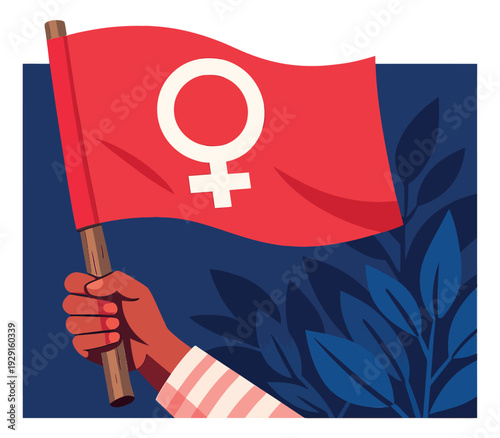 Graphic illustration of a hand holding a feminist flag depicting women's protest for gender equality