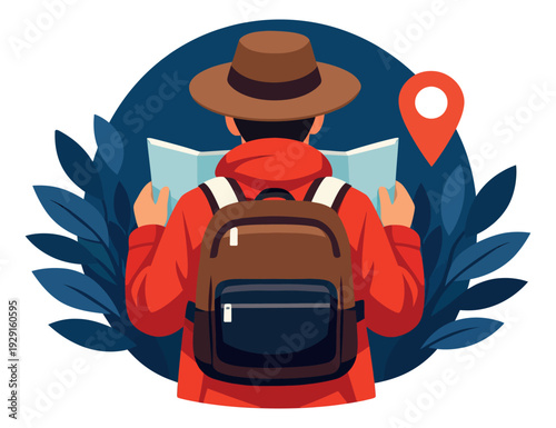 Modern illustration of a traveler depicting looking at a map for an adventure