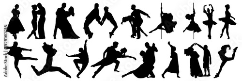   black silhouettes of dancers in various poses on a white background