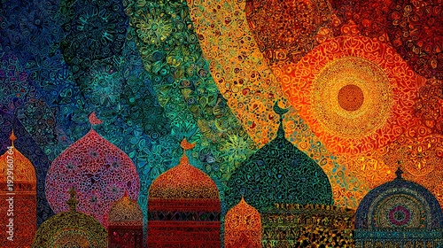 Vibrant abstract art with stylized mosque domes and minarets against intricate, swirling mosaic patterns, creating a rich tapestry of color and texture.