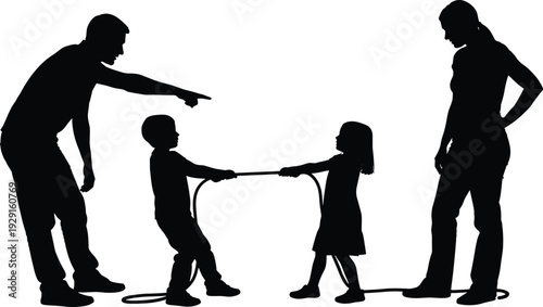 Silhouette of adults and children pulling on a jump rope playing