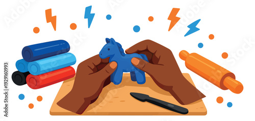 Flat design illustration of hands molding a horse from modeling clay depicting creative play for a craft activity