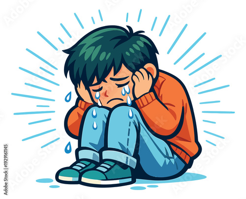 Cartoon style illustration of a young boy depicting crying and covering ears for mental health awareness