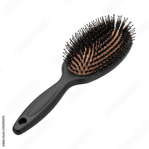 A black hairbrush with copper bristles on a transparent background