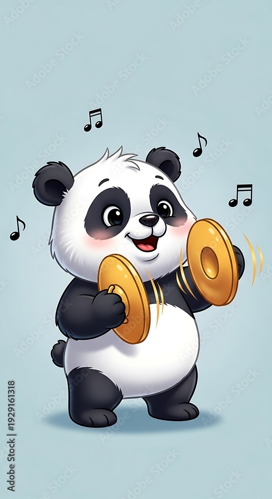 Naklejka premium Cartoon panda lifting weights happily dancing.