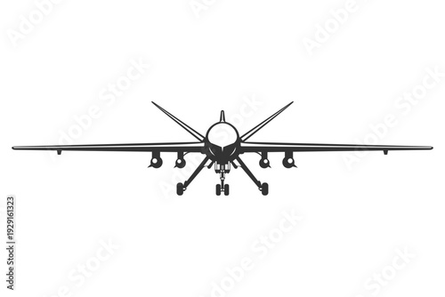 Vector illustrations MQ-9 unmanned aircraft in black and white color from ahead. Silhouette military drone design from front view. Monochrome drawing modern surveillance UAV.