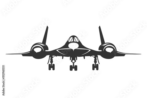 Silhouette SR-71 Blackbird military aircraft design from front view. Vector illustrations reconnaissance jet in black and white color from ahead. Monochrome drawing United States aeroplane.