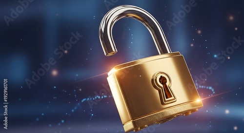 Golden padlock with open shackle on abstract blue background