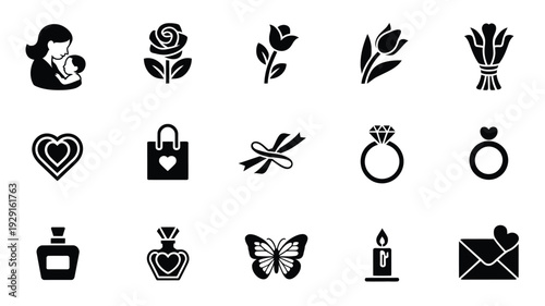 Collection of black vector icons featuring love romance and beauty symbols on white background