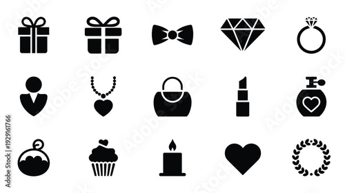 Collection of black icons for love gifts and beauty on white background including symbols for romance jewelry and celebrations