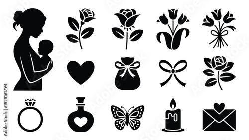 Vector illustration bundle of love and romance icons including mother and child flowers hearts gifts and symbols