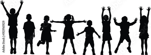 Children silhouettes standing in playful poses, joyful kids raising arms, jumping, celebrating, expressive childhood fun activity illustration flat vector
