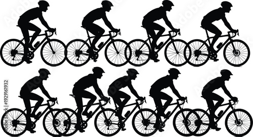 Cyclists silhouettes riding bicycles in group formation, helmeted riders showing teamwork, exercise, racing, fitness, sports activity illustration flat vector