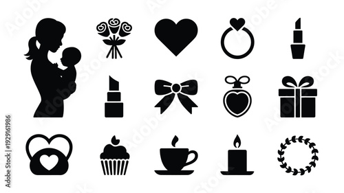 Mother's day symbols and icons bundle silhouette graphics for appreciation and love concepts