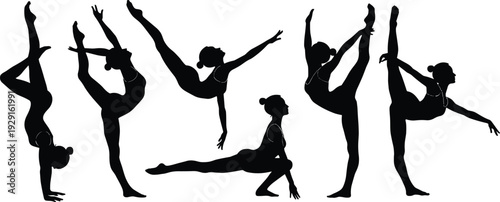 Gymnastics and dance silhouettes showing handstands, splits, high leg extensions, balance, flexibility, strength, artistic movement illustration design flat vector
