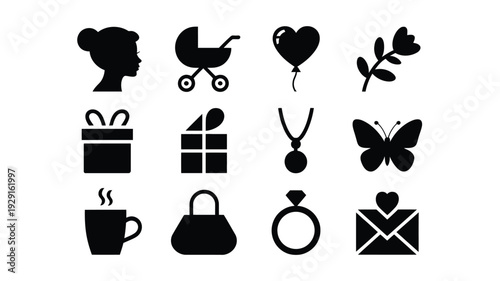 Black icons for love gifts and lifestyle on white background symbolizing romance and celebration
