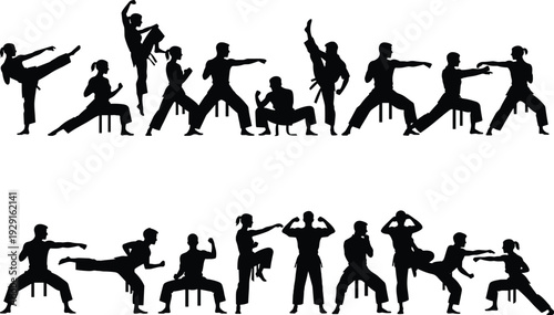 Martial arts silhouettes showing diverse poses, kicking, punching, blocking, training stances, combat techniques, self defense practice illustration flat vector
