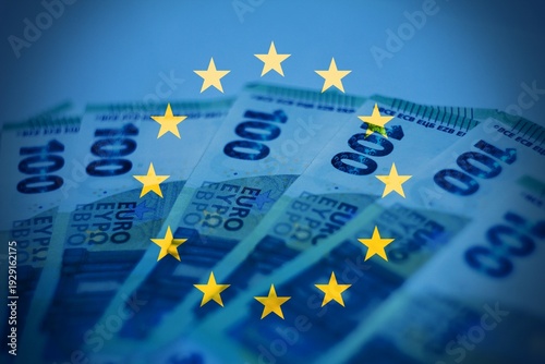 Modern financial background showing euro banknotes combined with the European Union flag, ideal for themes related to fintech innovation, digital banking, and the future of European markets.