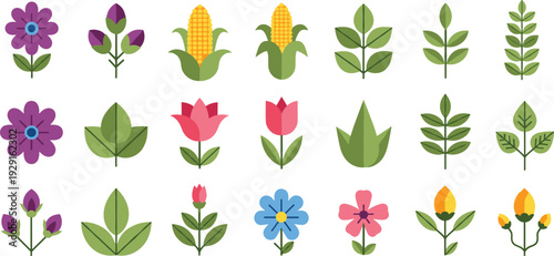 Flat Style Flower and Leaf Icon Vector Set with Corn, Tulips, Blossoms, and Botanical Elements for Nature, Agriculture, and Garden Design Projects.