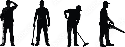 Silhouettes of four men with landscaping tools shovel