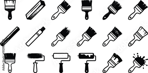 A collection of assorted painting and decorating tools including paintbrushes rollers and paint splatters isolated on transparent background