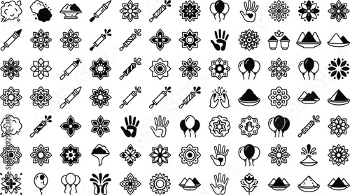 A collection of black and white flat icons representing Indian festival of colors Holi celebrations