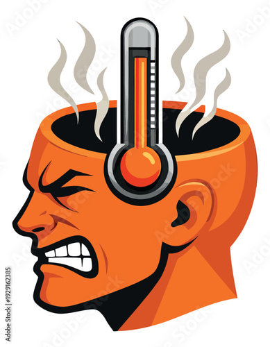 Graphic illustration of a man's head depicting extreme stress and overheating for mental health awareness