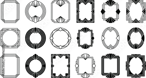A collection of diverse geometric art deco frames and borders with decorative elements and symmetrical designs isolated on transparent background