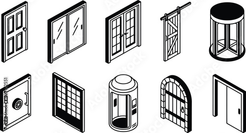 A collection of diverse isometric door and entrance illustrations in a clean line art style