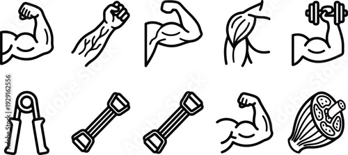 A collection of diverse line art icons representing muscular arms and fitness equipment for health and exercise concepts